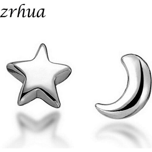 ZRHUA Silver Color Splicing Moon Star Stud Earrings For Women Casual Style Girl Personality Jewelry Mini Brincos