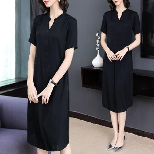 New Summer Dress Womens Elegant Imitated Silk Dresses Loose Medium-Long Straight Dress V Neck Soft Ladies Fashion Dresses L-4XL