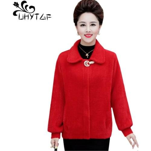 UHYTGF Winter coat women quality Mink Cashmere autumn wool coat temperament mom 5XL plus size coats Noble cashmere short top 380