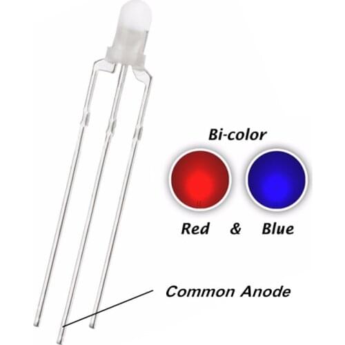 100pcs 3mm Red And Blue Diffused LED Common Anode Light Round Head Bicolor 3Pin Dual Color Light Beads