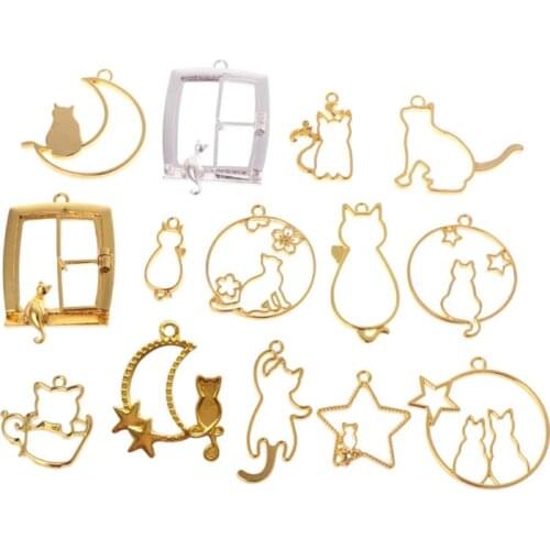 14 Pcs/Set DIY Epoxy Resin Crafts Metal Frame Cat Kitten Moon Shape Cartoon Jewelry Pendant Necklace UV Resin Material Bezel