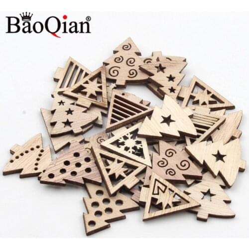 20pcs Natural Wooden Scrapbook 26x27mm Christmas Tree Shape Handmade Painted Stickers Diy Fashion Home Decoration Crafts