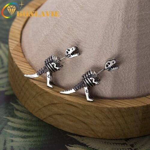 BONLAVIE S925 Sterling Silver Dinosaur Ear Stud Dark Creative Cool Dinosaur Earrings Back-Hanging Front and Back Earring