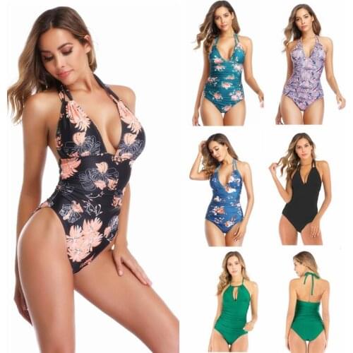 Floral Print One Piece Swimsuits Womens Trikini Halter V-neck Bathing Suit Female Flower Padded 1 One-piece Swim Suits XL XXL