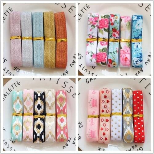 5Yards/Set 1Yard Per Color 16MM Width Printed Fold Over Elastic Foe Ribbon Stretch Band Diy Crafts Supplies