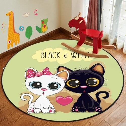White Black Cats Couple Mat Home Decor Cartoon Round Carpet Living Room Computer Chair Kitchen Bedside Mat for Adult Kids Teens