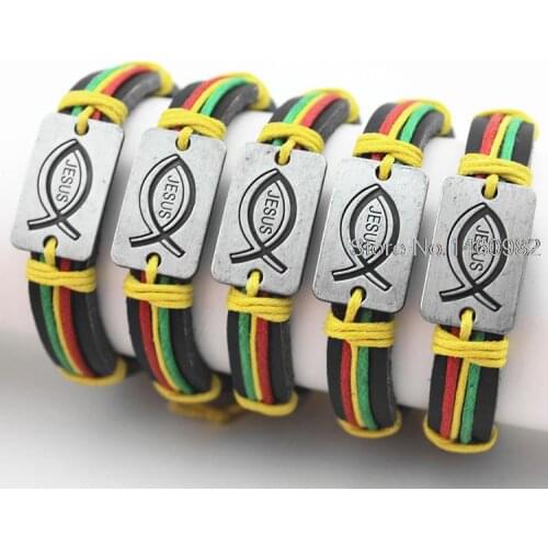 LOT 12pcs Colorful Hemp Woven Christian Jesus Fish Carved Leather Bracelets Bangle Gift YB112