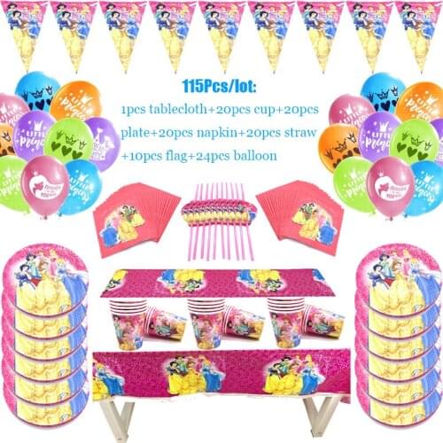 Disney Six Princess Theme Design 115 Pcs/Lot Disposable Tableware Sets Girls Birthday Party Theme Party Decoration Supplies