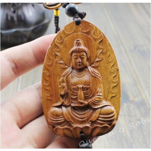 Chinese Knot Wood Carving Flame Guan Kwan Yin Buddha Statue Car Pendant Amulet