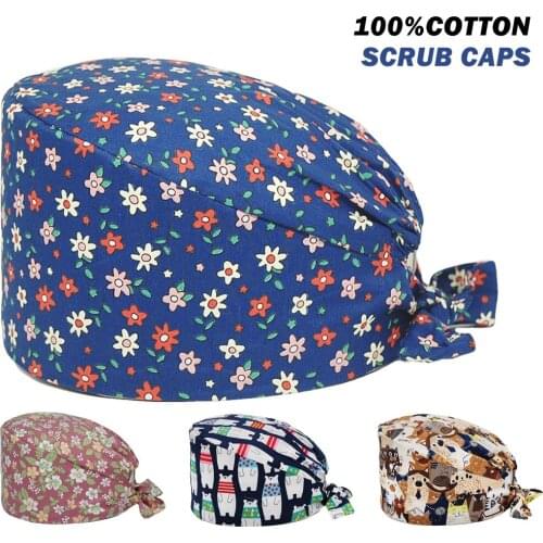 Adjustable Scrub Hat 100% Cotton Anime Printing Nursing Cap Dentist Clinic Pet Shop Beauty Salon Scrubs Caps Working Accessories