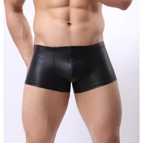 PU Faux Leather Underpants Men Plus Size Boxers Mens U Convex Pouch Boxers Black Nylon Sexy Soft Shorts Male Gay Underwear