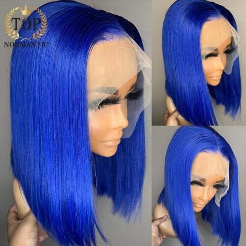 Topnormantic Middle Bule Color Straight Bob Wig Short Bob Wigs Remy Brazilian Human Hair Bob Wig For Women Pre Plucked Hairline