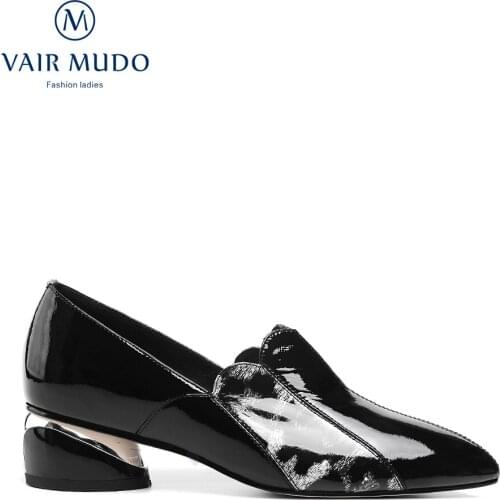 VAIR MUDO Spring Autumn Pumps Shoes Women casual shoes Low heels Patent Leather Office & Career Ladies Genuine Leather Shoe D307