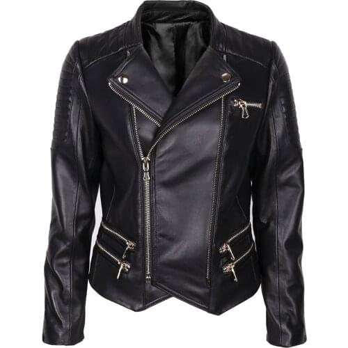 YOLOAgain Women Double Zipper Genuine Leather Jacket
