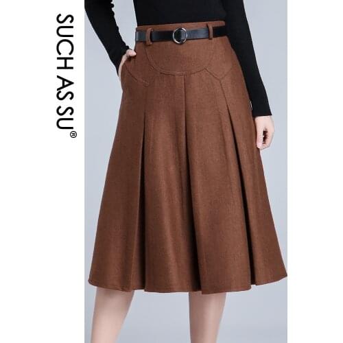 SUCH AS SU 4 Colors 2021 Women Black Brown Dark Blue Wine Red High Waist Pleated Skirt Winter S-3XL Size Female Mid-Long Skirt
