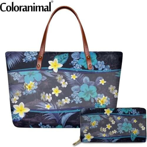 Coloranimal 2Pcs/Set Lady Shoulder Bag&Wallet Hawaiian Hibiscus Plumeria Prints Tote Handbag for Women Protable Crossbody Bag