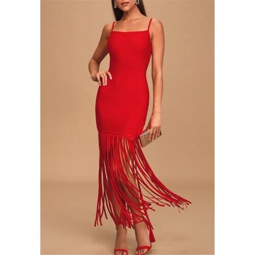 Red And Black Sleeveless Spaghetti Strap Tassel Ankle-Length Bodycon Women Rayon Bandage Dress Evening Party Dress