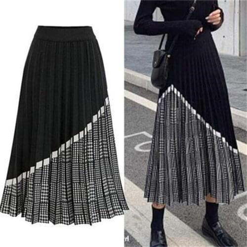 2021 Winter Autumn Womens Houndstooth Black Pleated Skirt Long Skirts For Women Clothing Warm Midi Skirt Female Plaid Skirt