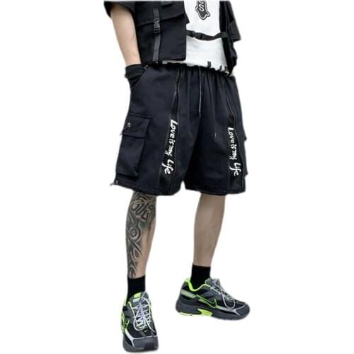 Cool black pants men Summer short cargo trousers Zippers Multi pockets Hiphop stylish