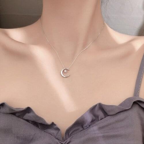 Moon Star 925 Sterling Silver Necklace Simple Shiny Clavicle Chain Female Party Birthday Gift Fashion Jewelry For Girls SNK044