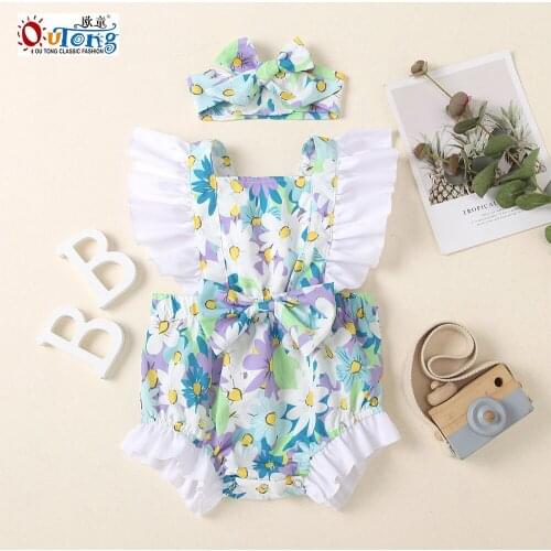 Outong Infant Clothes Girls Ruffle Flower Print Romper Floral Newborn Triangle Jumpsuit For Kids Fashion Baby Girls Bodysuit