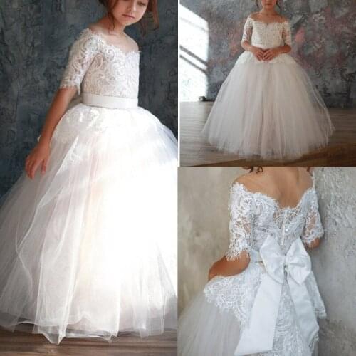 Flower Girl Dresses for Weddings Tulle Princess Lace Half Sleeve Holy First Communion Gowns Party Pageant Dress For Girls