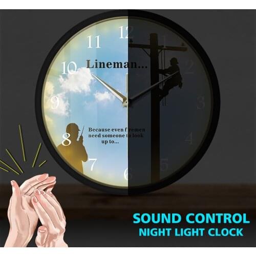 Lineman Work Under The Big Sunshine LED Lighting Wall Clock Electrician Voice Control Watch Inspirational Quote Silent Timepiece