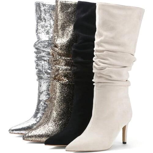 Fashion Pleated Ladies Boots Autumn Winter Sequin Slip On Square High Heel Womens Shoes Faux Suede Plus Size Knee High Boots