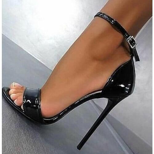 Moraima Snc Black patent leather High Heel Sandal Sumer Open Toe Ankle Strap Stiletto Heels Super High Party Dress Shoe