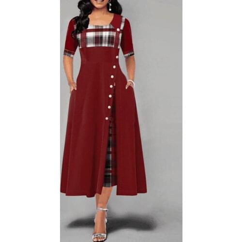 2021 New Women Inclined Button Plaid Print Pocket Dress