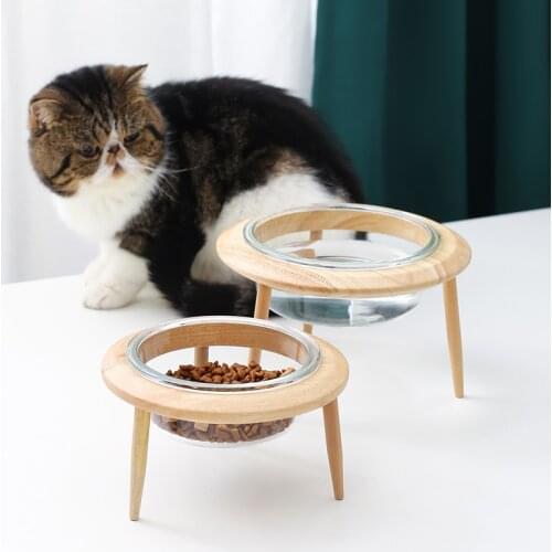 Adjustable 15 Slant Angle Dog Cat Feeder Bowls Accessories Milk Food Water Glass Pet Bowl With Bamboo Wooden Stand