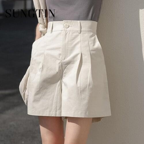 Sungtin Pleated High Waist Shorts Women Casual Solid Wide Leg White Cargo Shorts Loose Summer Korean Fashion Half Shorts New