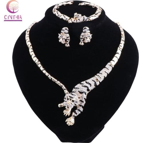 Jewelry Set For Women Wedding Fashion Leopard Crystal Gold Color Necklace Earrings Bracelet Accessories