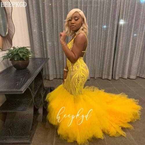 Yellow Backless Lace Mermaid Prom Dresses Sweetheart Spaghetti Straps Sexy Black Girls Evening Party Dress Plus Size Robe Soiree