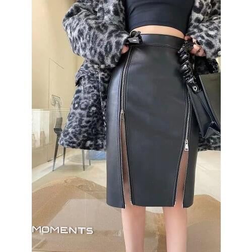 Korean Fashion Genuine Leather Skirts Womens 2021 Autumn Winter Black Sheepskin High Waist Pencil Midi Skirt with zipper