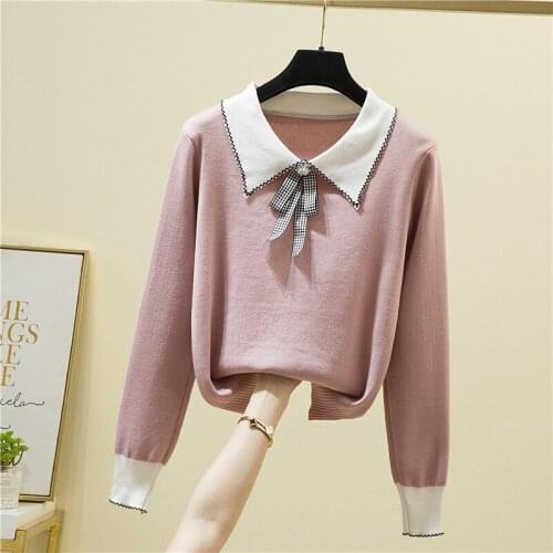 Womens Knit Sweater Long Sleeve Peter-pan Collar Slim Thin Knitting Sweaters Female Patchwork Bow Casual Knitting Pullover Femme