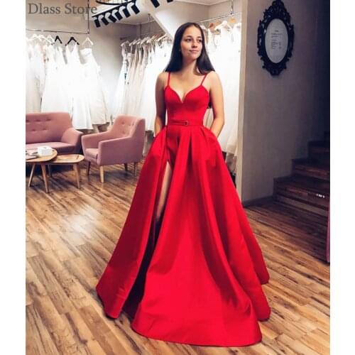 2020 New Evening Dress Simple Spaghetti Strap Red V-neck Satin Split Floor Length Sleeveless Prom Dress платья для выпускного
