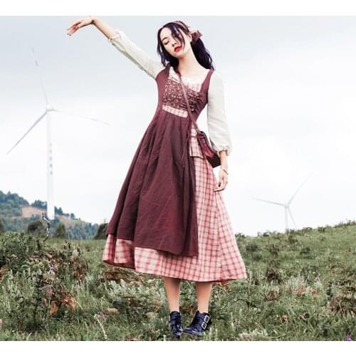 Mori Girl Spring Autumn Prairie Chic Dress Women Plaid Floral Patchwork Vintage Female Kawaii Cotton Linen Dress U011