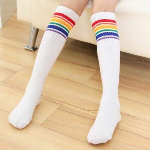 1 Pair Women Girl Student Colorful Striped Stockings Autumn and Winter Black White Rainbow print Cute Over Knee Socks calcetines