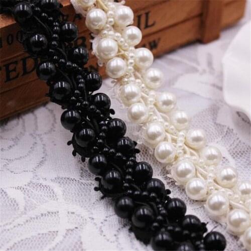 2Yards 2CM Width Pearl Beaded Lace Edge Trims Black White Pearl Beading Ribbon Lace DIY Sewing Craft Fabric Edging Trimmings