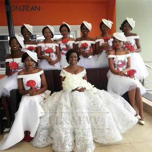 2021 White Off the Shoulder Bridesmaid Dresses Embroidery High Low Gown African Bridesmaid Dress Black Girls Wedding Party Gowns