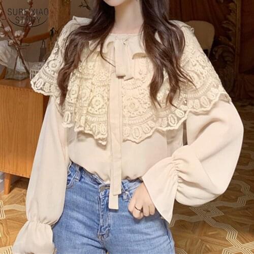 2021 Ruffled Tie Lace Chiffon Blouse Elegant Long-sleeve Peter Pan Collar Solid Shirt Vintage Crocheted Hollow Tops Blusas 17257