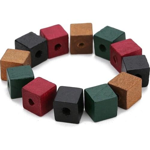 LOULEUR 50pcs Big Hole Natural Wooden Beads 12mm 14mm Red Green Color Square Shape Spacer Box Wood Beads for Diy Jewelry Makings