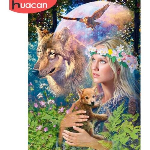 HUACAN Diamond Painting Woman Cross Stitch Full Drill 5D Diy Embroidery Wolf Mosaic Wall Art Diamond Art
