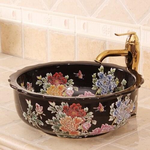 Black Europe style flower shape chinese washbasin sink Jingdezhen Art Counter Top ceramic bathroom sink ceramic hand wash basin