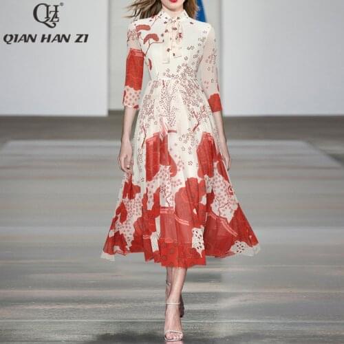 Qian Han Zi designer fashion runway dress Womens bow collar Three Quarter sleeves pattern print Long chiffon vintage dress