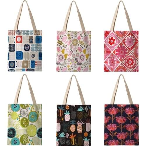 Summer Fresh Plant Pineapple Print Canvas Bags Women Lady Shoulder Bag High Quality Double Sides Printing with Pockets AKB01260