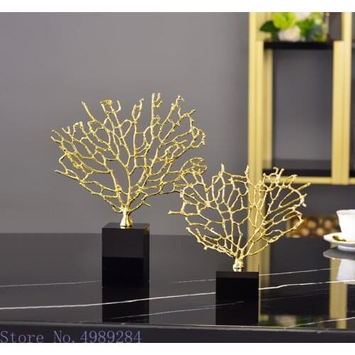 Creative Metal Coral Simulation Golden Tree Marble Base Hollow Desktop Metal Crafts Coral Ornaments Home Decoration Figurines
