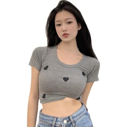 Summer Short-sleeved T-shirt Women Umbilical Love Bottom Korean Style Tee Shirt Tops