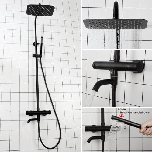 Matt Black Thermostatic Shower Faucet Wall Mounted Bathroom Hot Cold Mixer Shower Set Bathtub Rainfall Shower